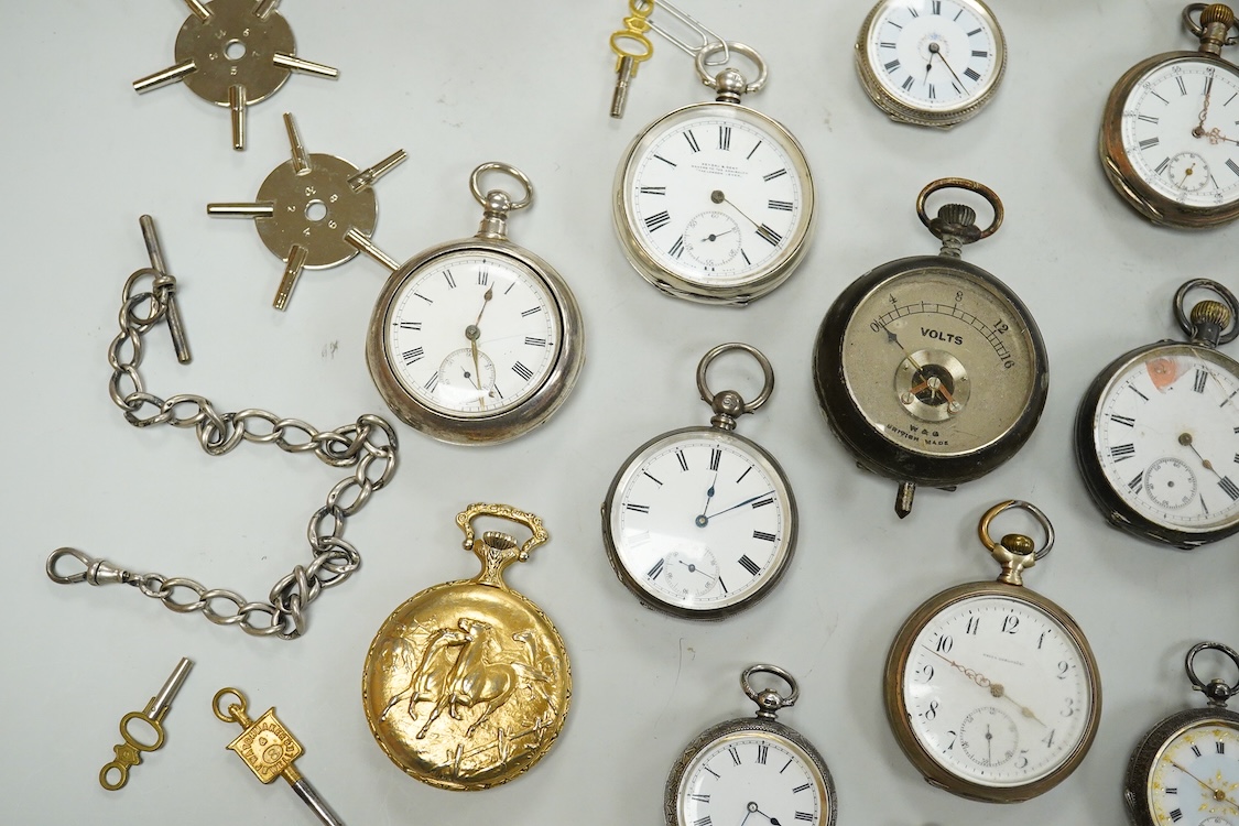 Five assorted early 20th century silver open faced fob watches, eight other continental white metal pocket and fob watches including two retailed by Kendall & Dent, four base metal pocket watches including cased Hebdomas